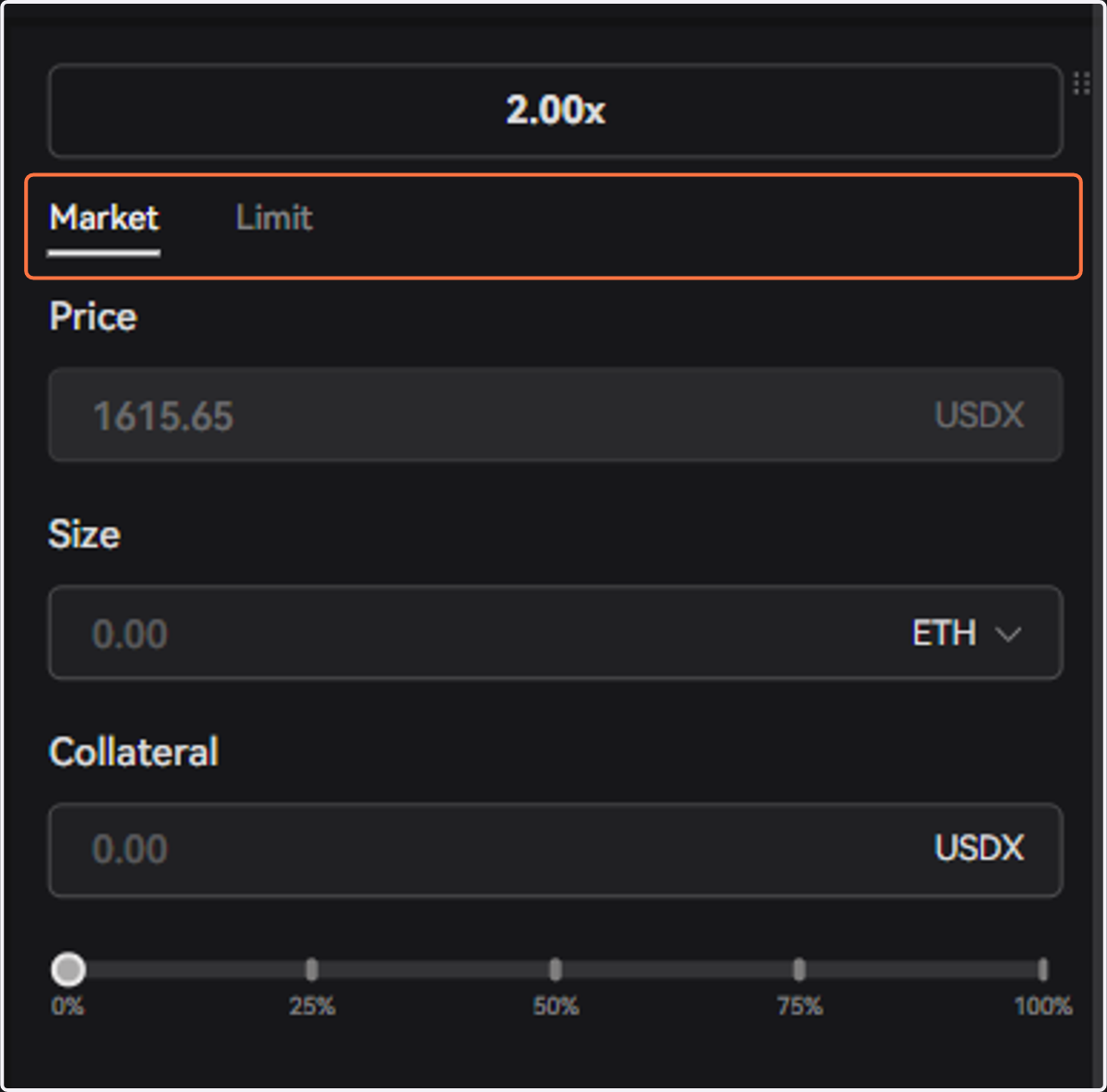 Select your order types. Perpetual trading offers two types of orders: market and limit. For example, click on "Market"