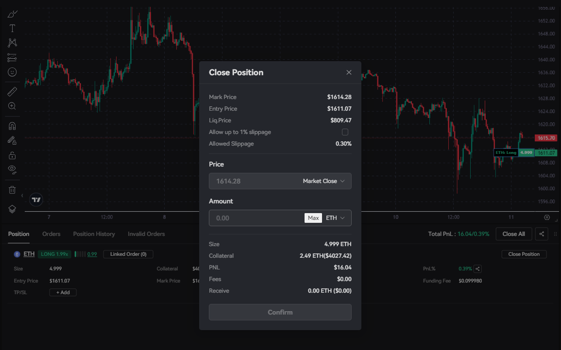 Choose "Market Close" to close at the market price or "Limit Close" to close at the price you set. Then key in an amount