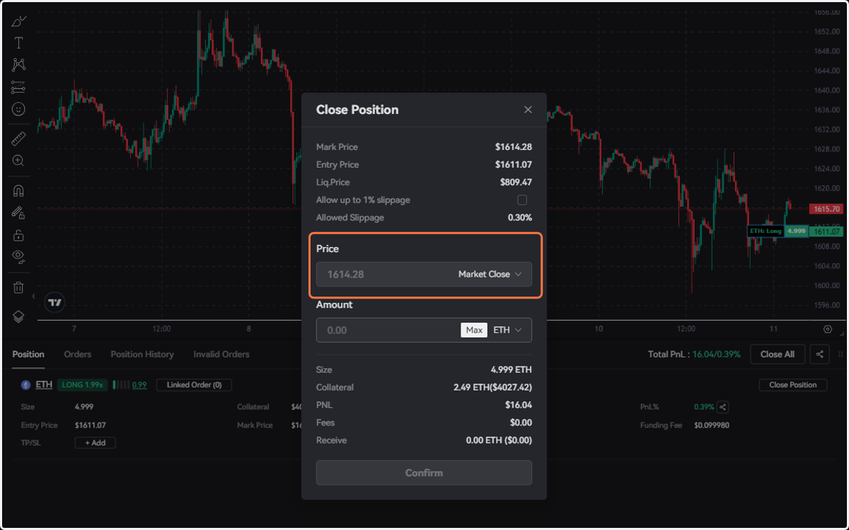 Choose "Market Close" to close at the market price or "Limit Close" to close at the price you set. Then key in an amount