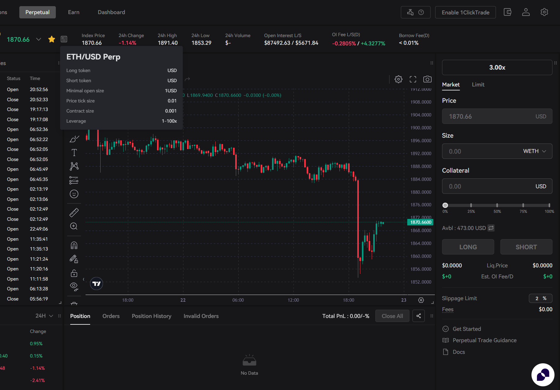 The information box shows the details for this trading pair