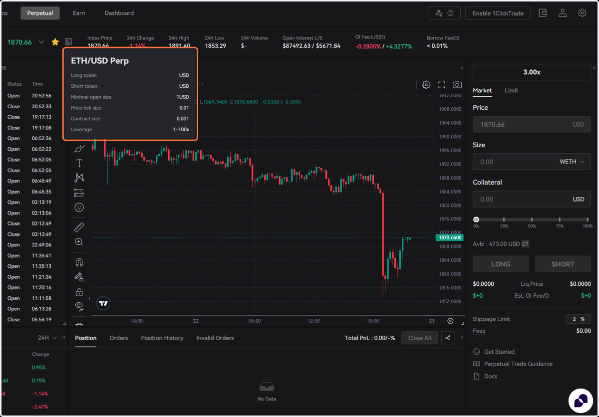 The information box shows the details for this trading pair