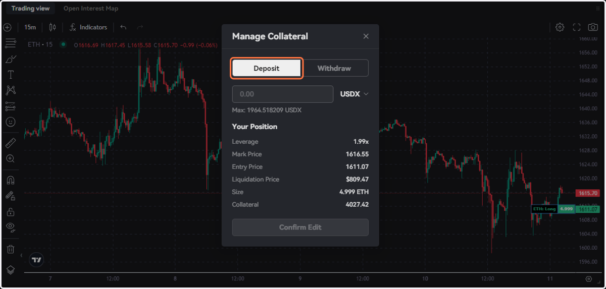 Click on Deposit/Withdraw to add or deduct collateral for your position