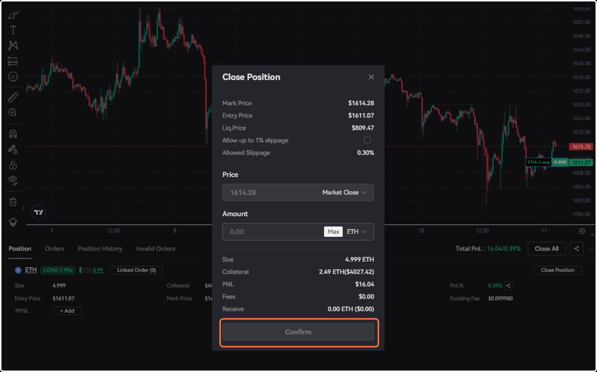 Click on Confirm to finish closing a position