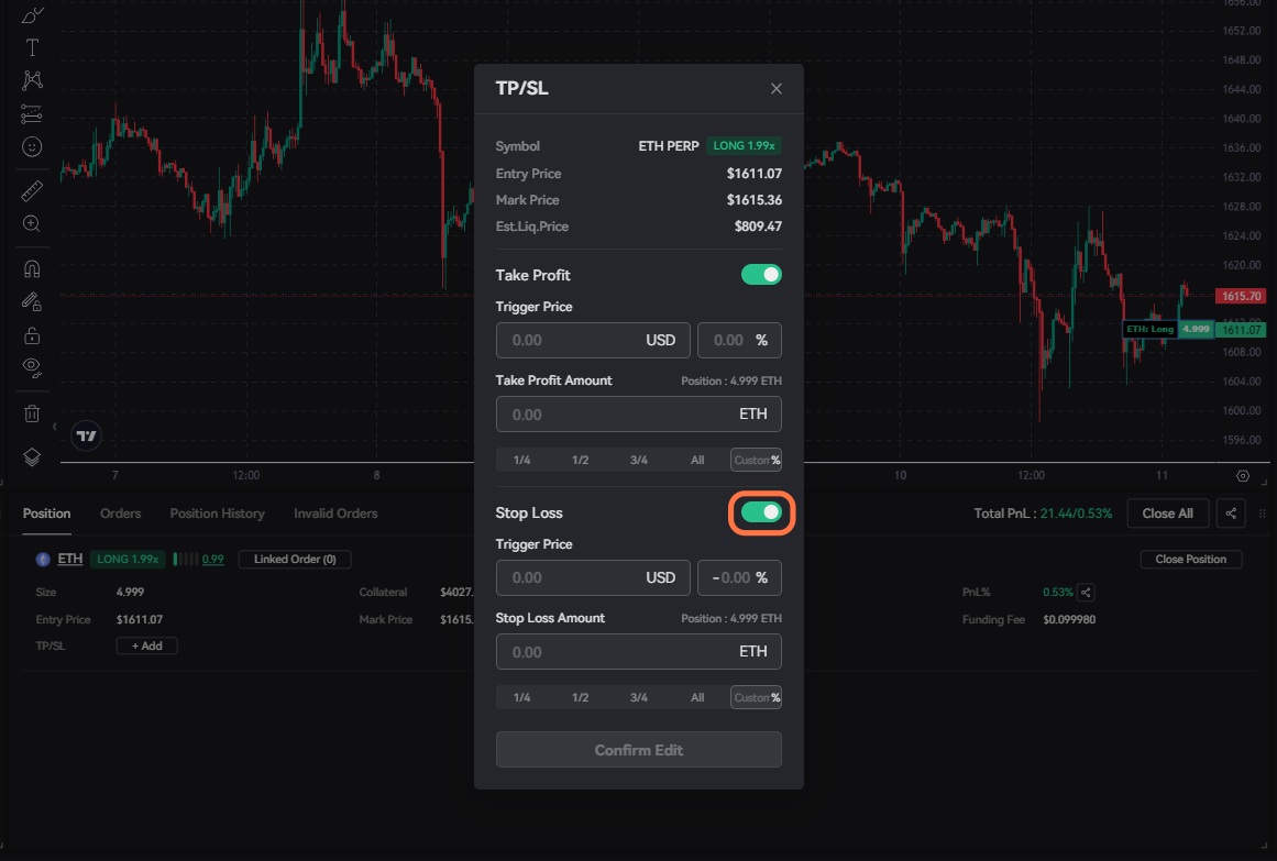 Toggle the Take Profit and/or Stop Loss box to enable each condition