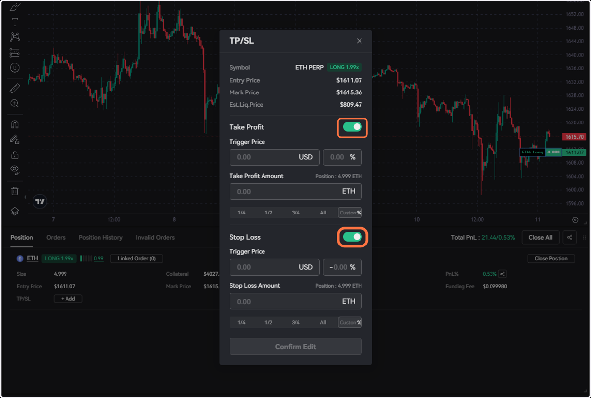 Toggle the Take Profit and/or Stop Loss box to enable each condition