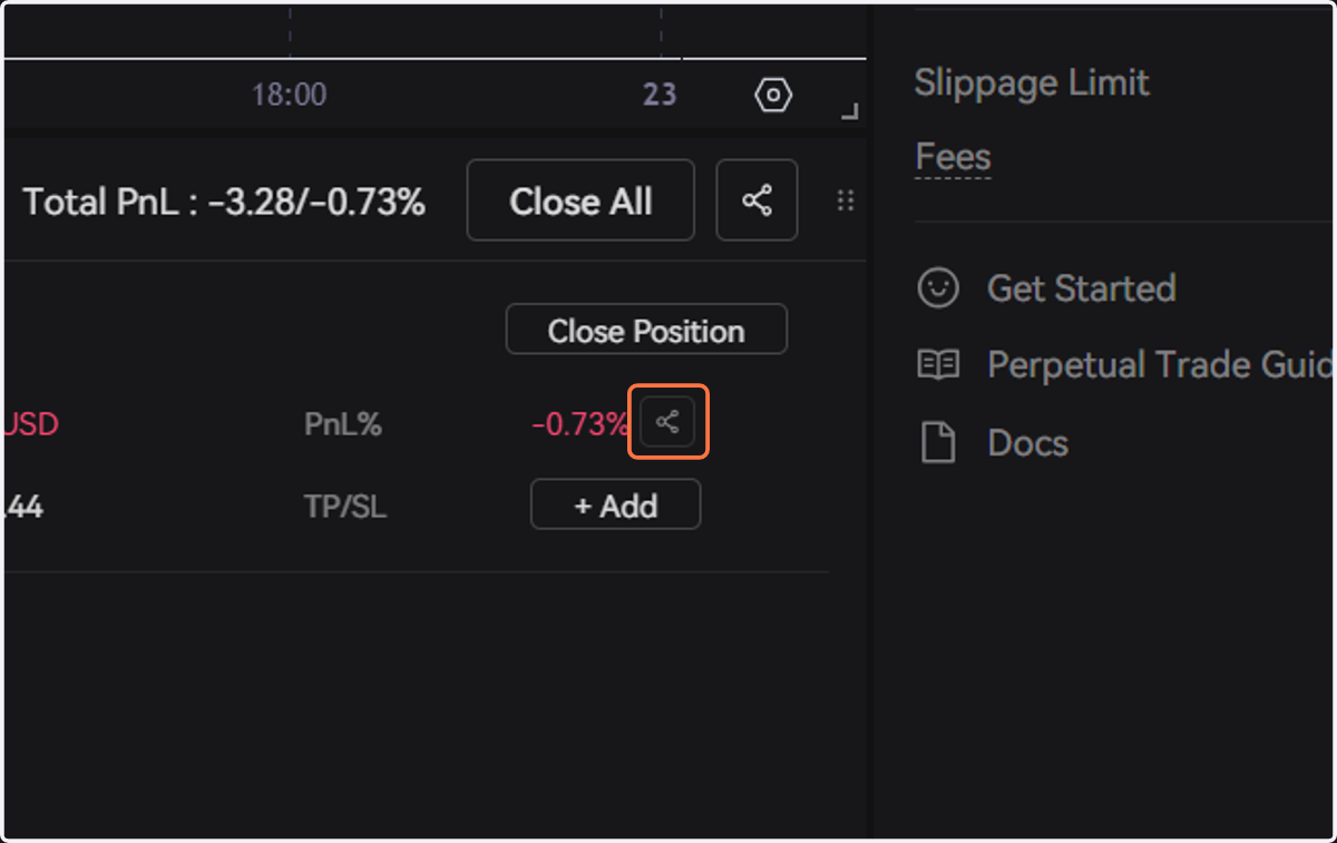 Click on the share button next to PnL% to share your profit and loss