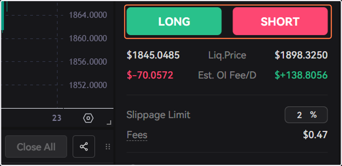 Select "Long" or "Short" to open a position.