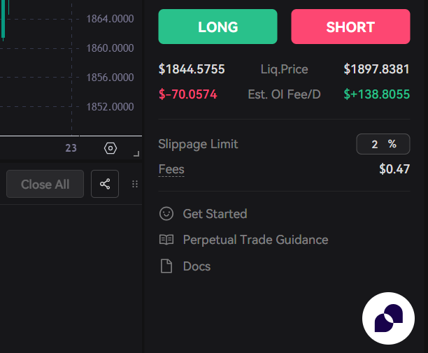 Review your transaction details such as liquidation price and estimated OI fee per day
