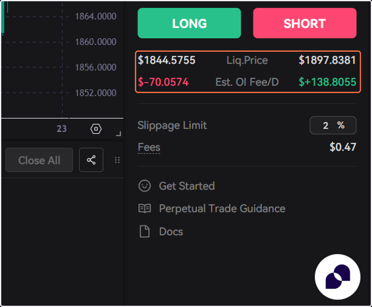 Review your transaction details such as liquidation price and estimated OI fee per day