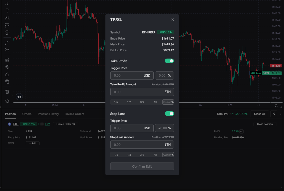 Input a specific trigger price for each condition or set a percentage