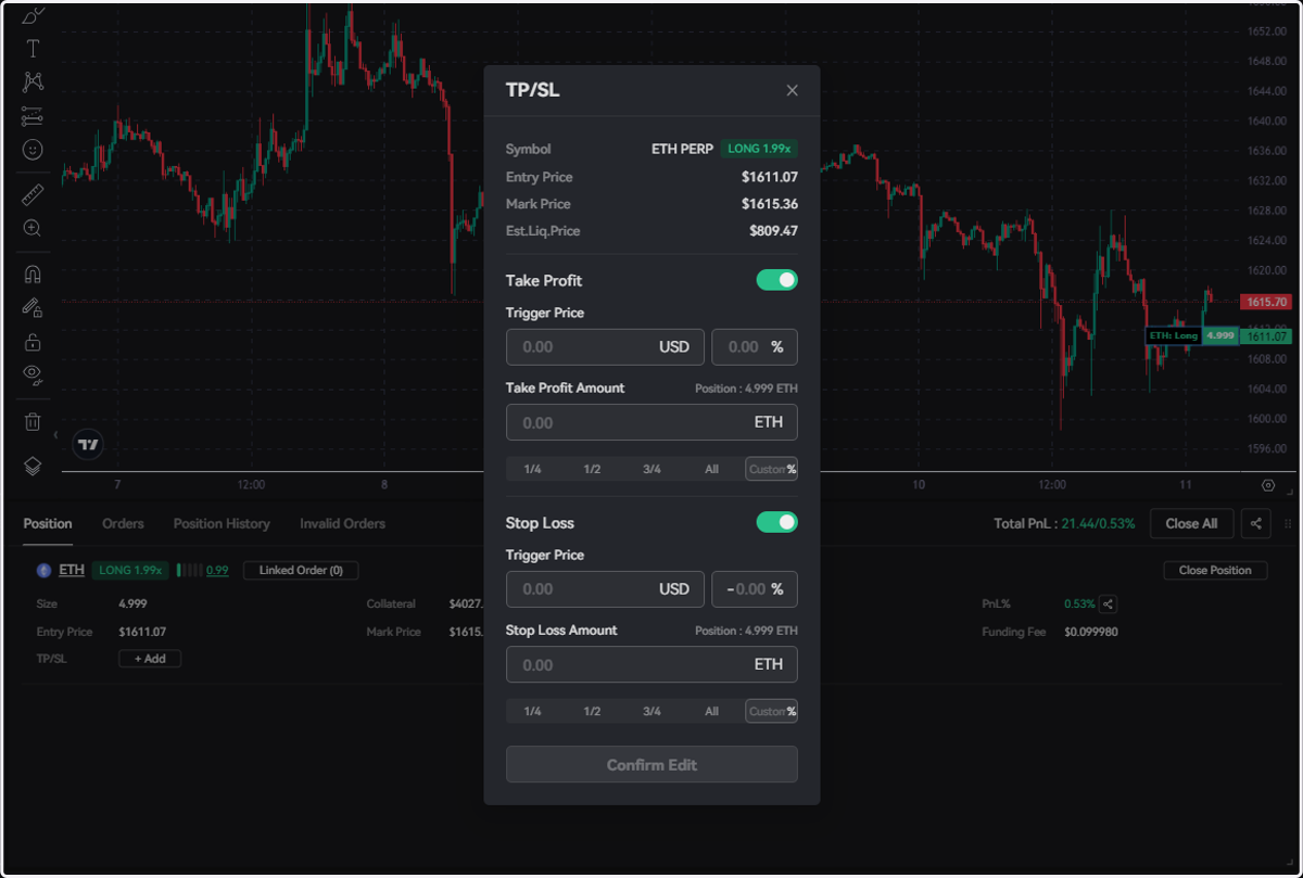 Input a specific trigger price for each condition or set a percentage