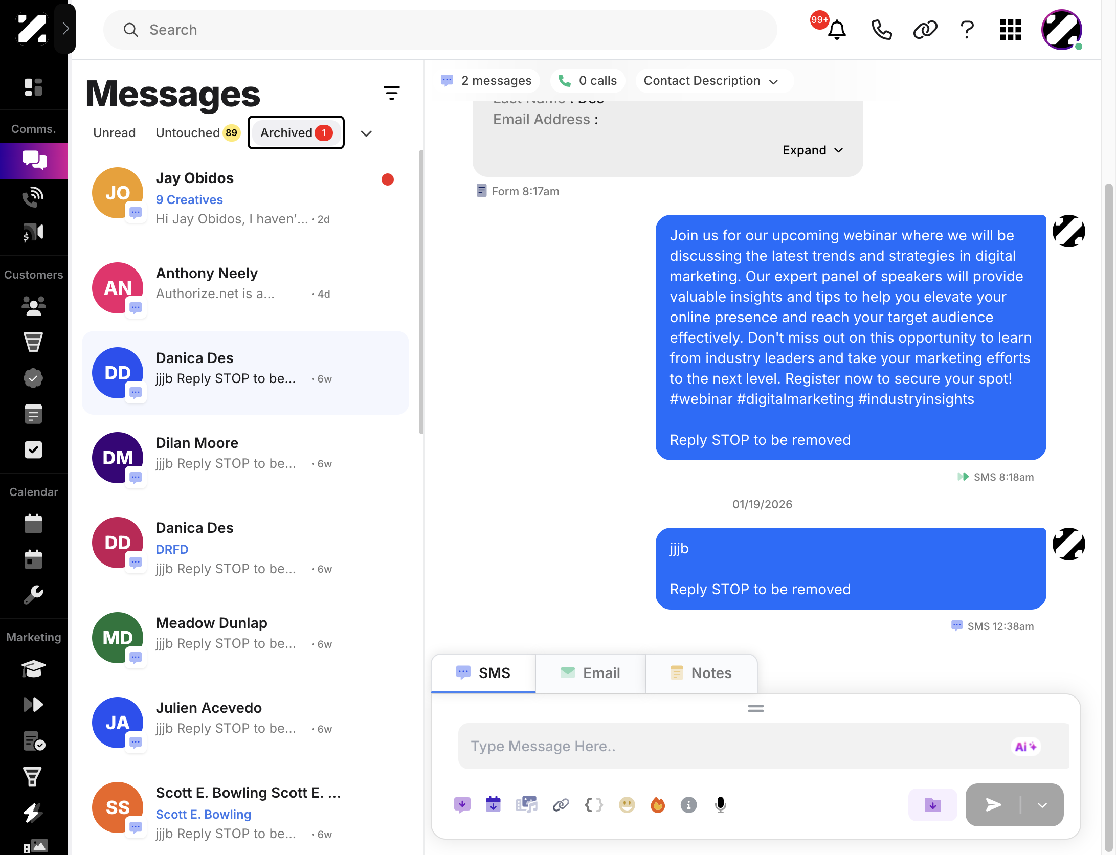 then click on the Archived button to filter all archived messages.
