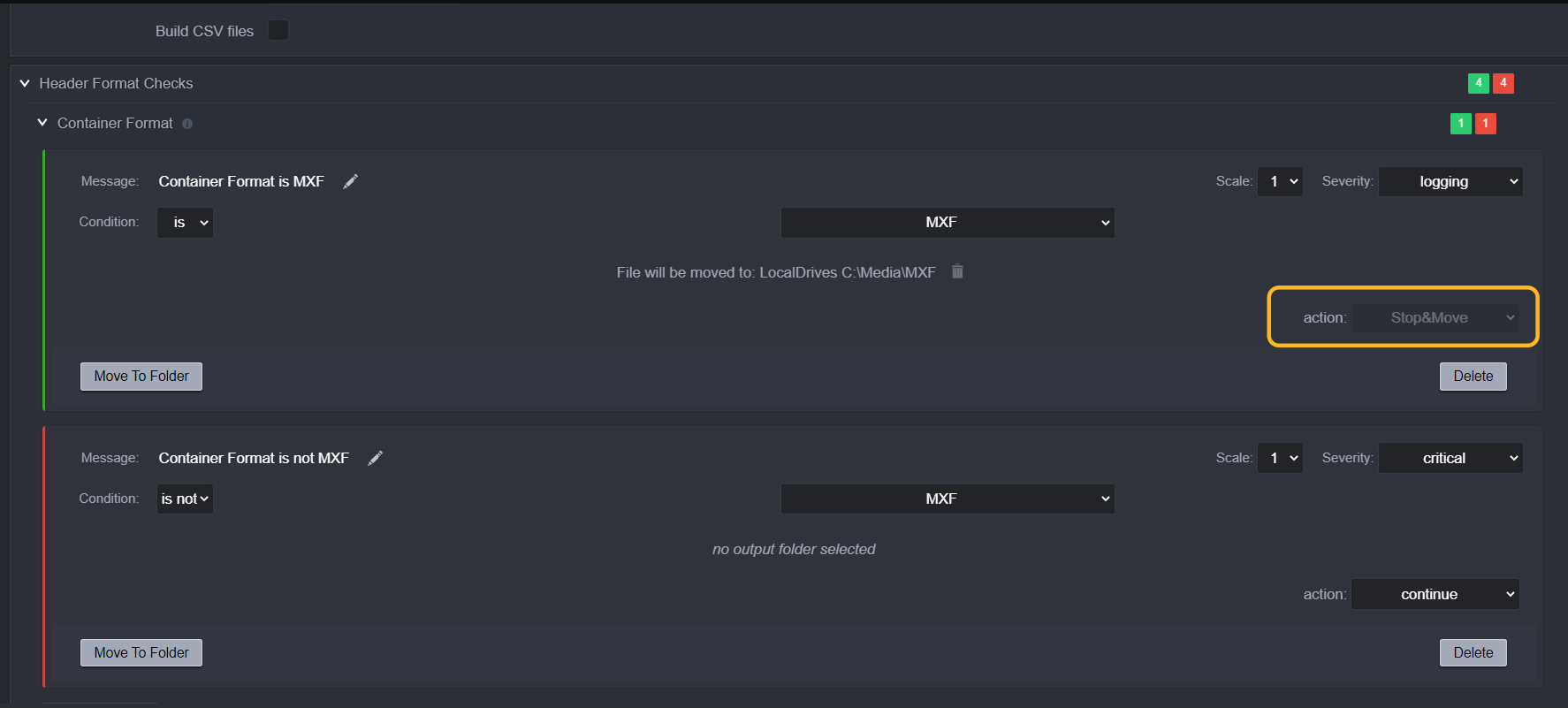 We now selected a folder for moving the file is the condition "is MXF" is met.