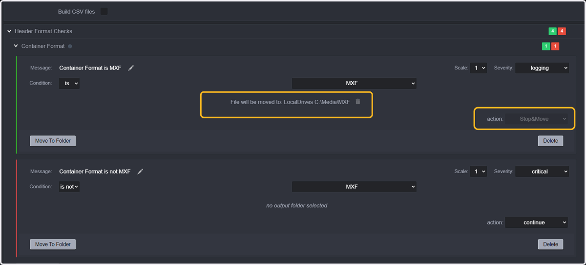 We now selected a folder for moving the file is the condition "is MXF" is met.
