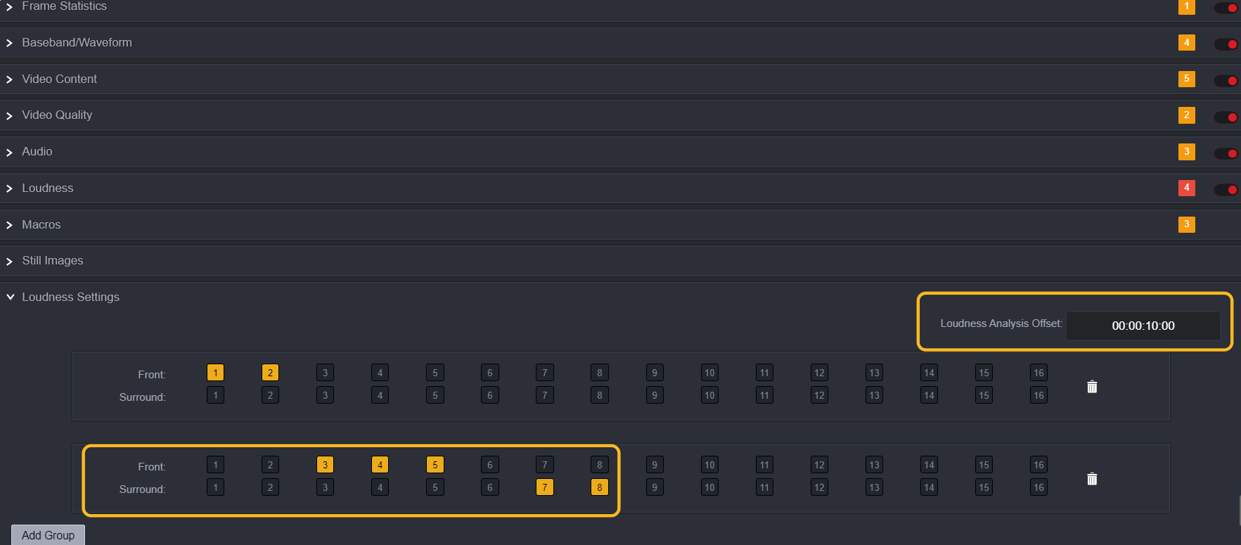 In case you are measuring Loudness, you need to configure the loudness audio groups so QScan can measure them correctly and you can also add an offset for the loudness measurements.