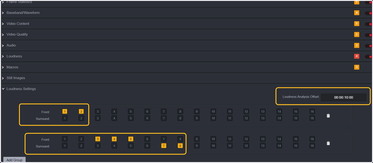 In case you are measuring Loudness, you need to configure the loudness audio groups so QScan can measure them correctly and you can also add an offset for the loudness measurements.