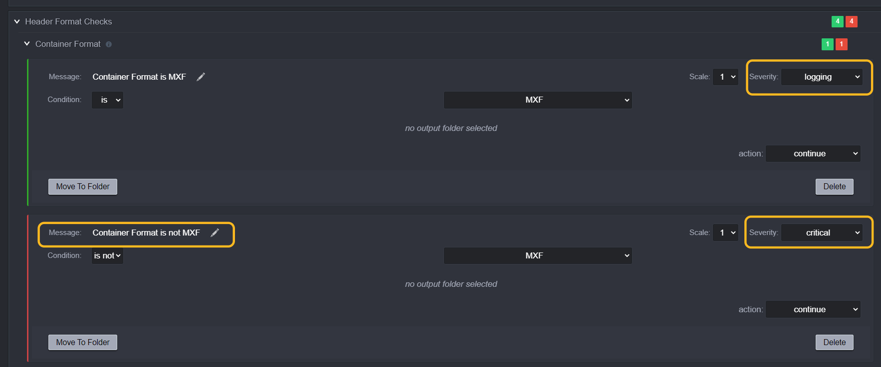 Expanding the header format checks and checking the Container format we can see that a logging event was created when the file "IS" MXF and a critical event when the file "IS NOT" MXF.