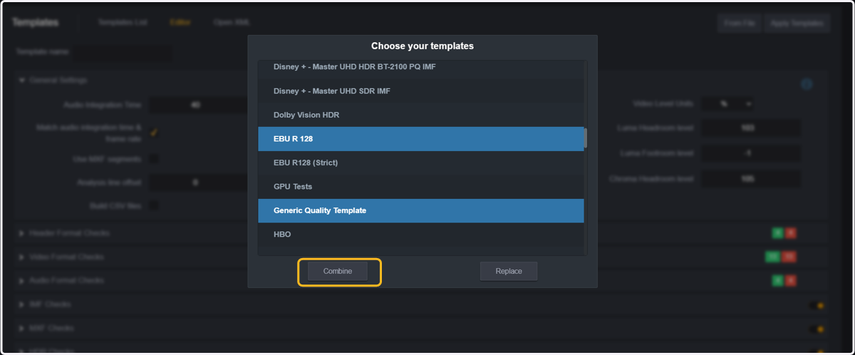 When you select the templates you want to combine, click on combine.