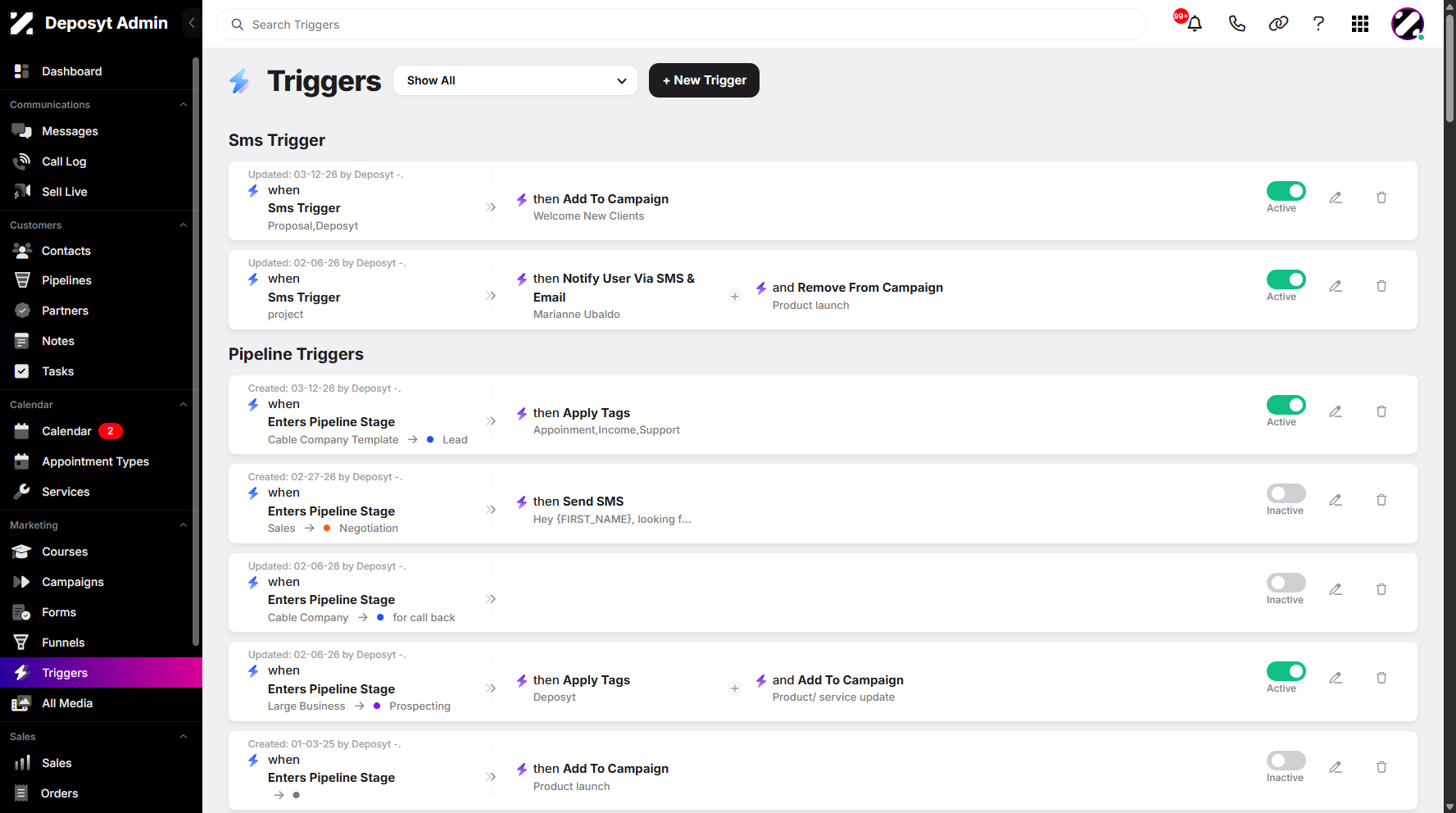 Step 1: On your Dashboard, navigate to the Triggers tab under the Marketing section.