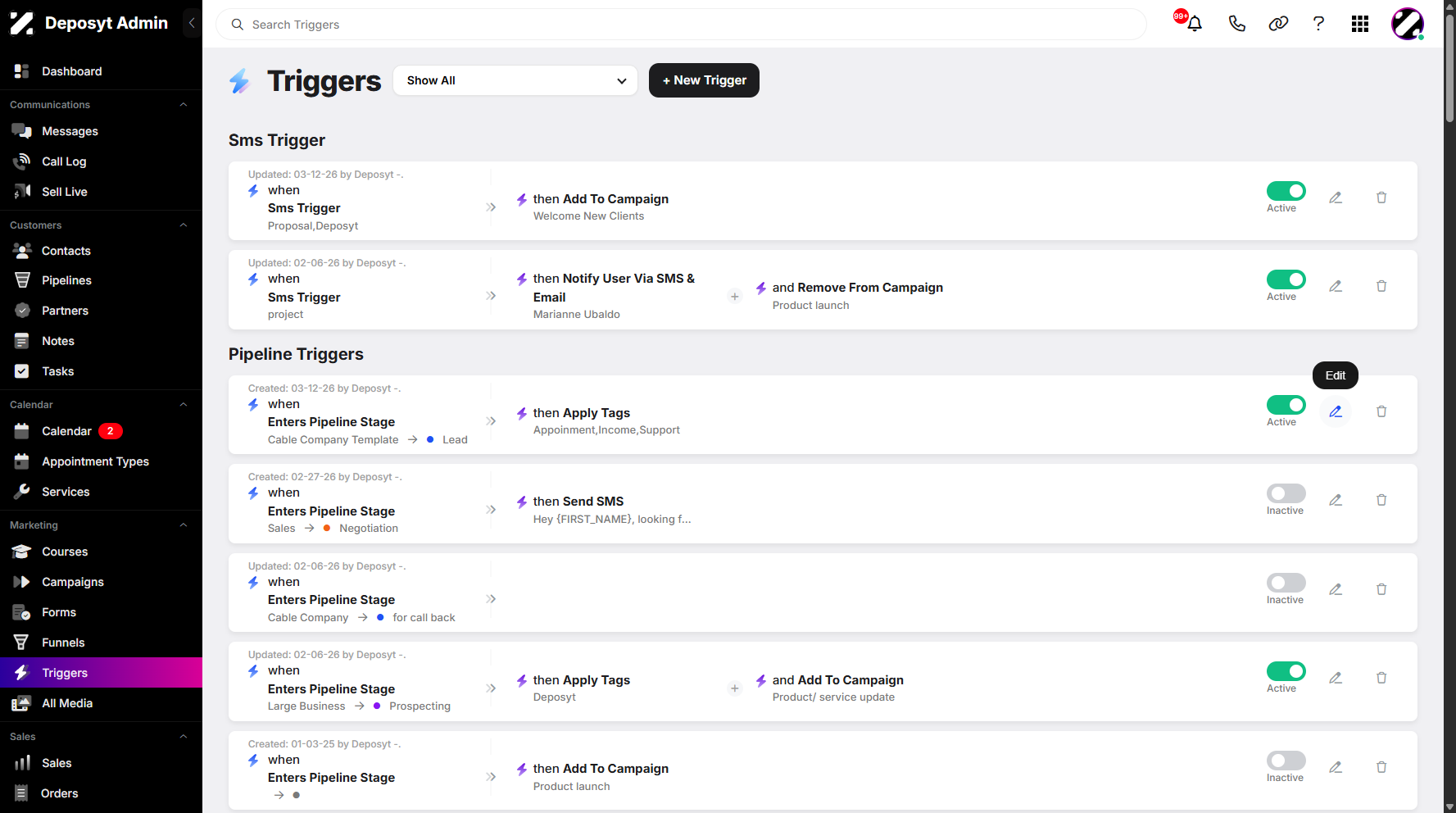 Step 3: Select an existing trigger, then click on Edit.