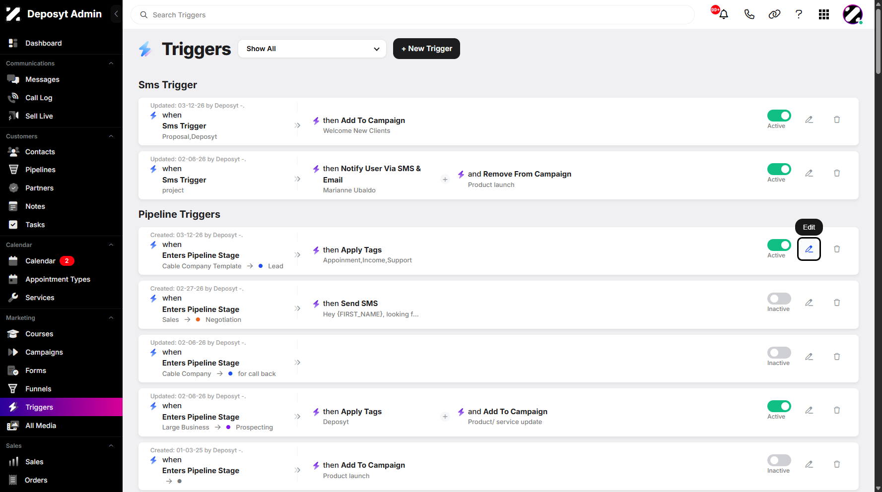 Step 3: Select an existing trigger, then click on Edit.