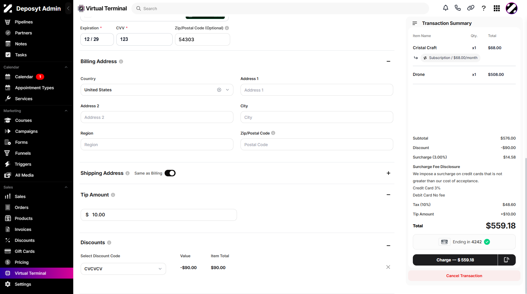 Step 7: You can also add a tip and apply a discount using the discount code dropdown menu.
