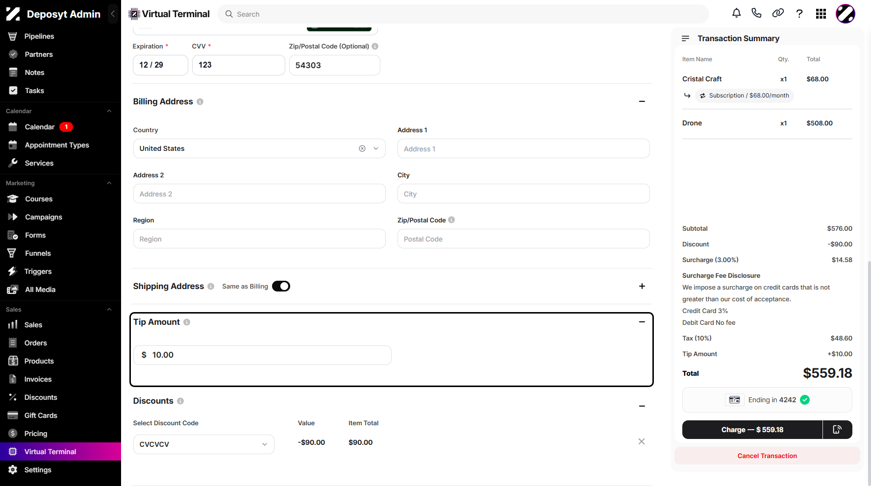 Step 7: You can also add a tip and apply a discount using the discount code dropdown menu.