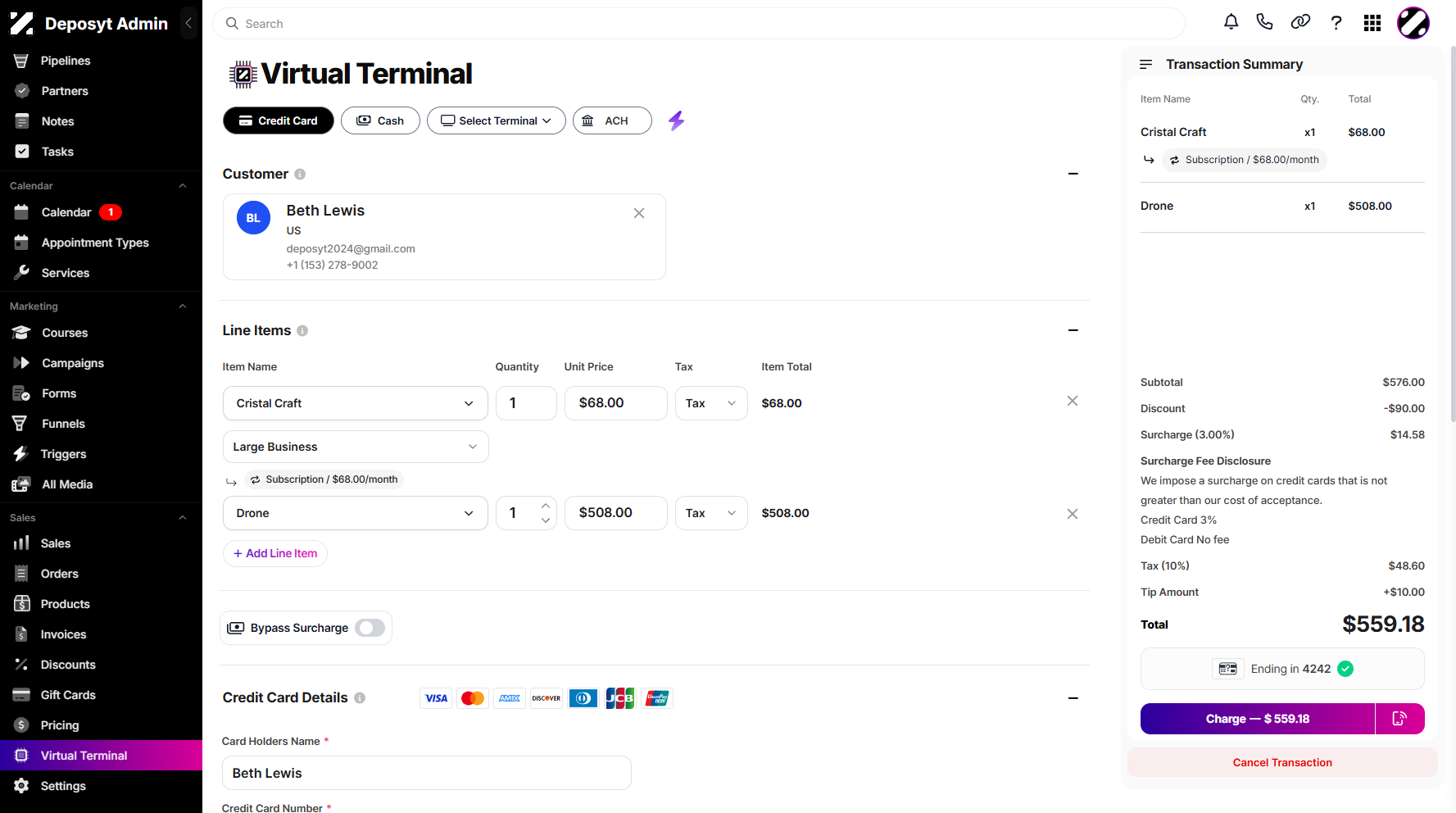 Step 9: Once all is set, proceed by clicking the Charge button in the transaction summary overview.