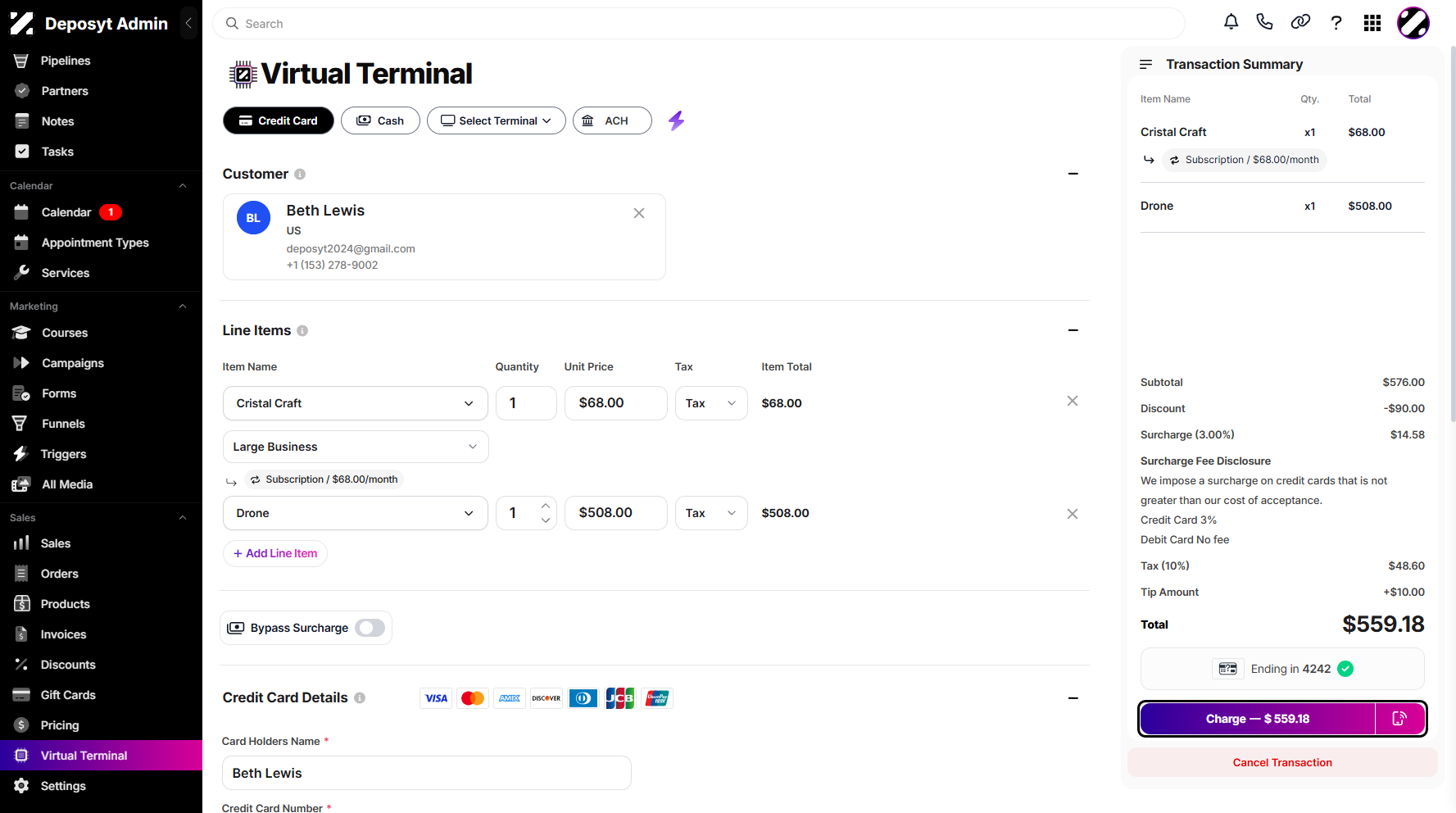 Step 9: Once all is set, proceed by clicking the Charge button in the transaction summary overview.