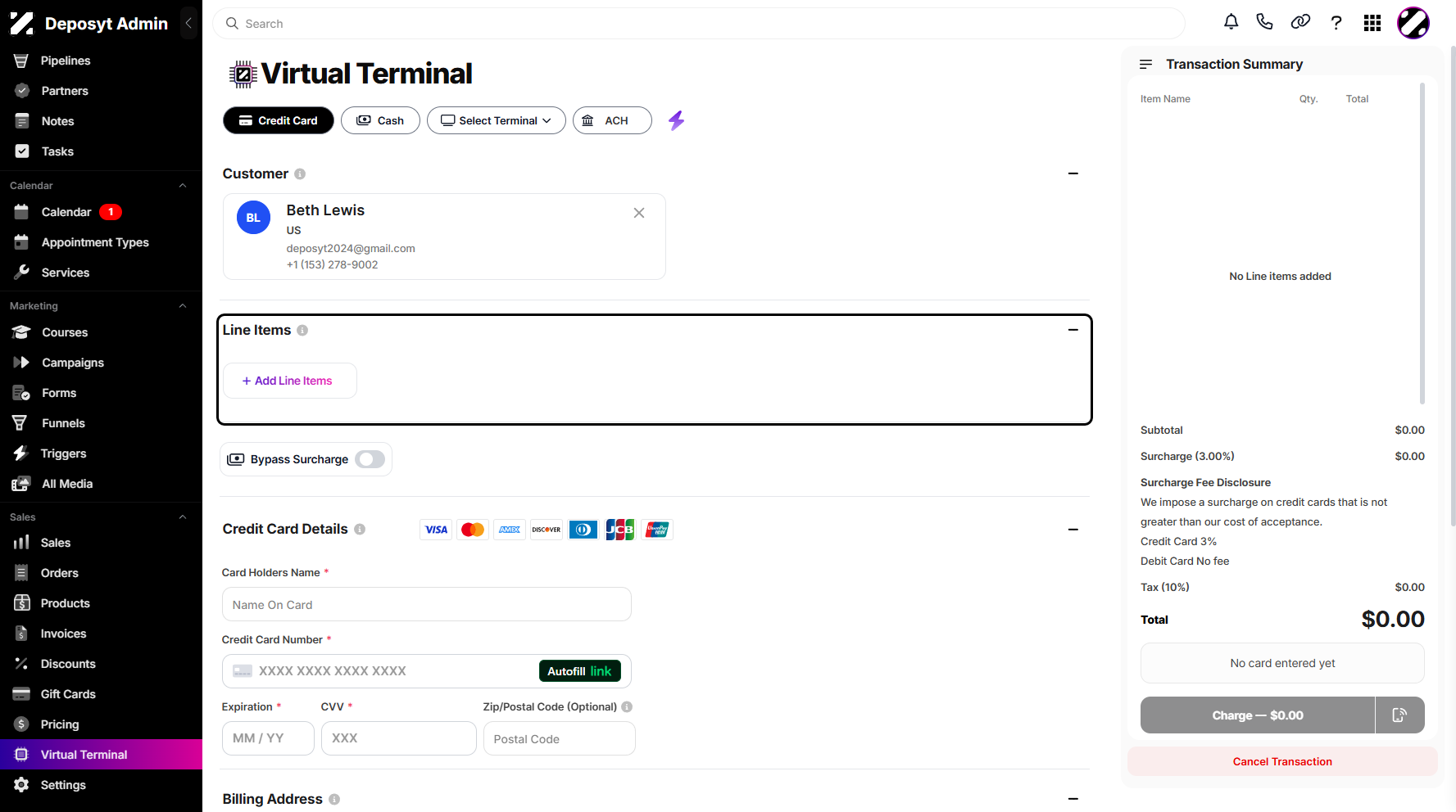 Step 4: Next is the Line Items section, where you can add products by clicking + Add Line Items. A dropdown menu will appear where you can select your product. You can then manage the quantity and tax. You may also click + Add Line Items again to add more products.