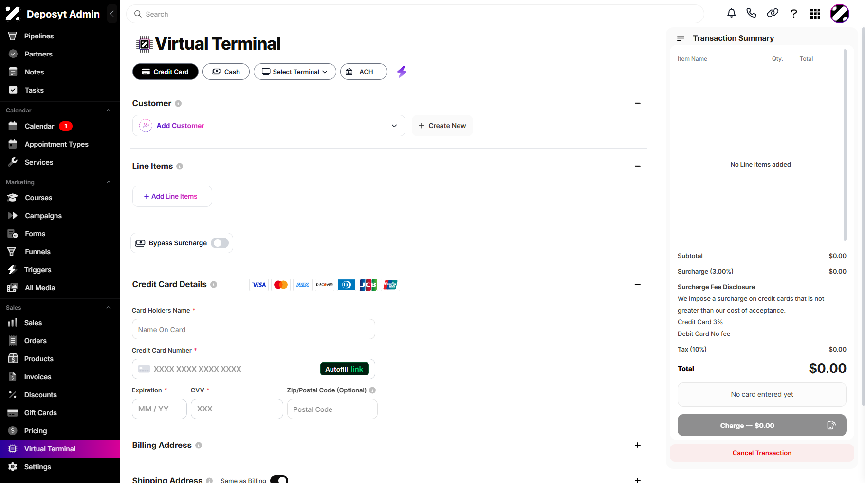 Step 2: You will then be navigated to the Virtual Terminal (Credit Card) page, which is the default view.