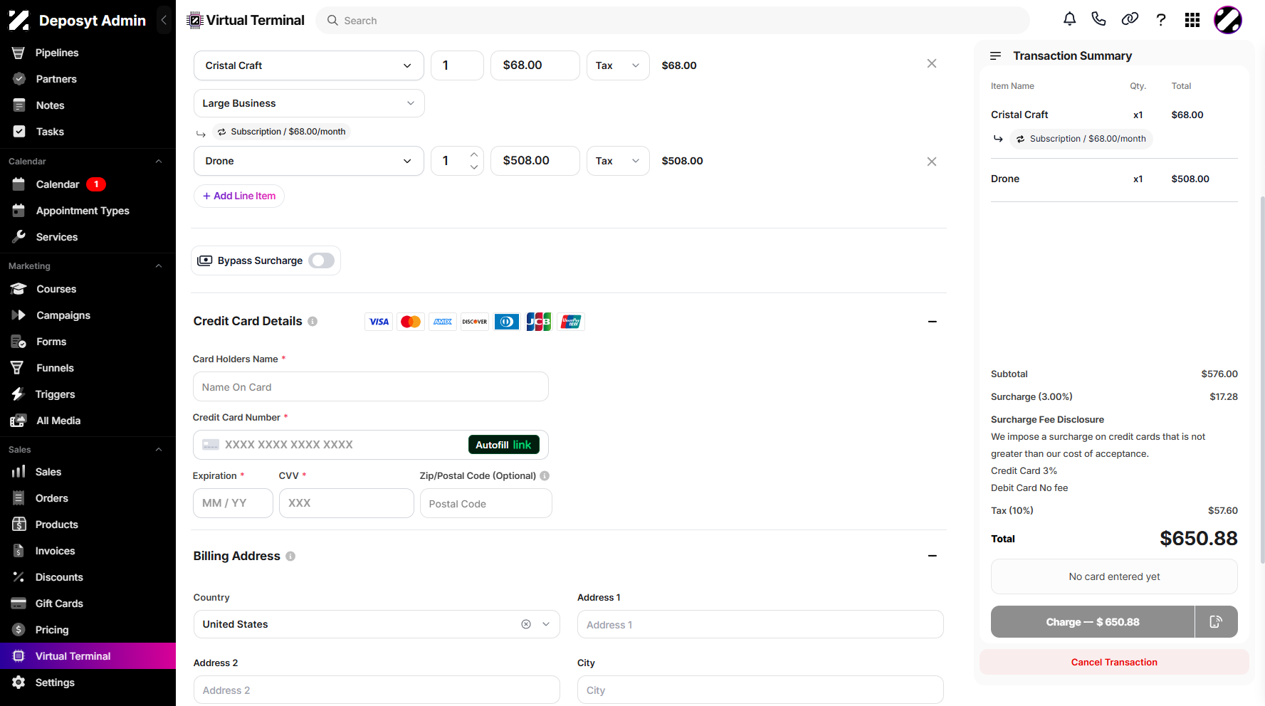 Step 6: Next is the Credit Card Details section, where you are prompted to enter the card details to apply to the terminal. You can also manage the billing and shipping addresses below.