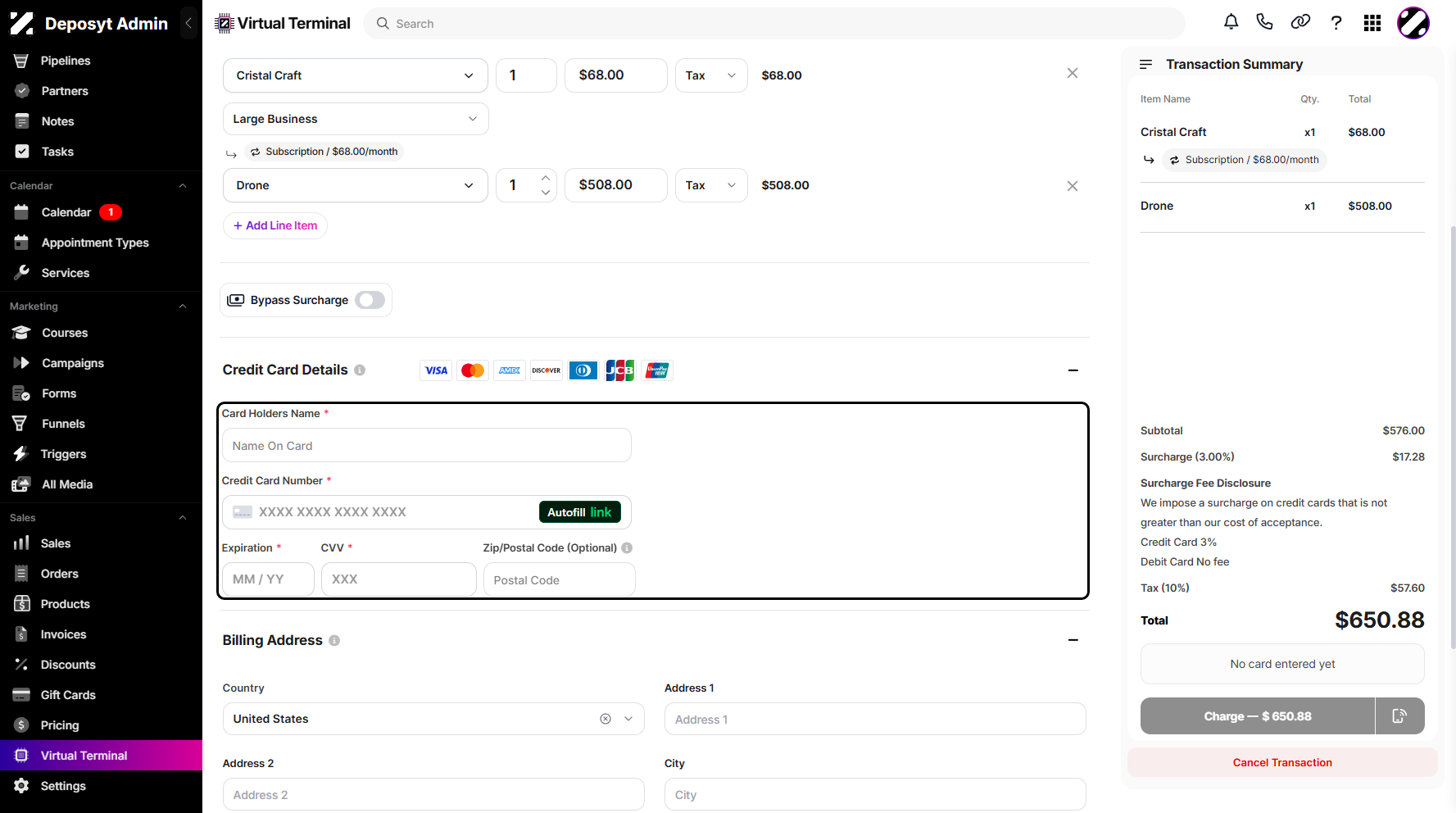 Step 6: Next is the Credit Card Details section, where you are prompted to enter the card details to apply to the terminal. You can also manage the billing and shipping addresses below.