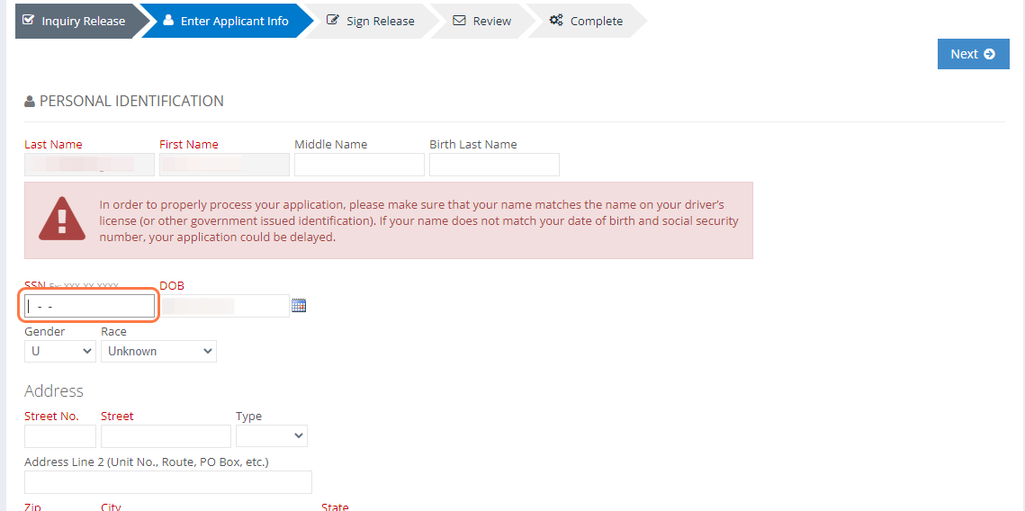 Enter personal information