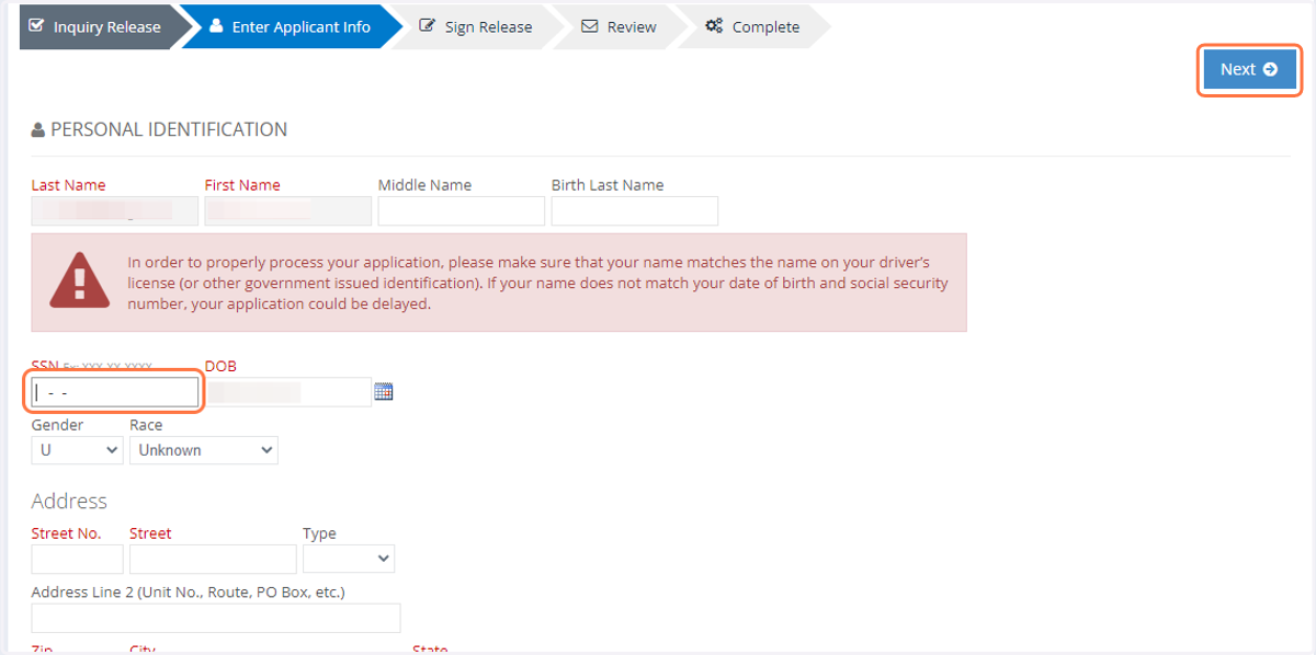 Enter personal information