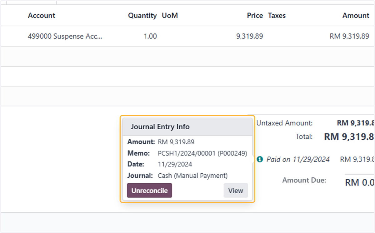 View of reconciled payment made.