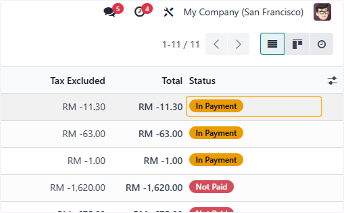 Status of invoice is set to "In Payment"