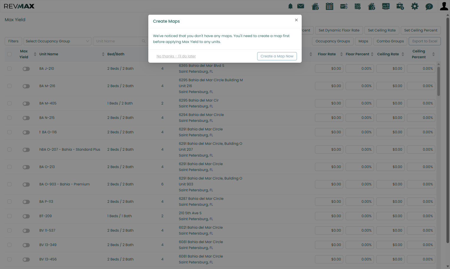 On the Max Yield page, a pop-up reminder may appear prompting you to create your Yielding Maps. You can click “Create a Map Now”, which will take you directly to the Yielding Map page.