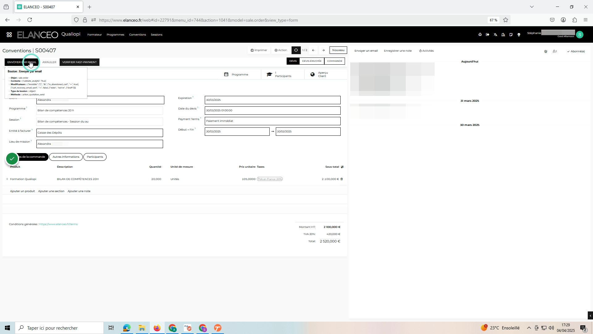 Cliquer sur "envoyer un email"