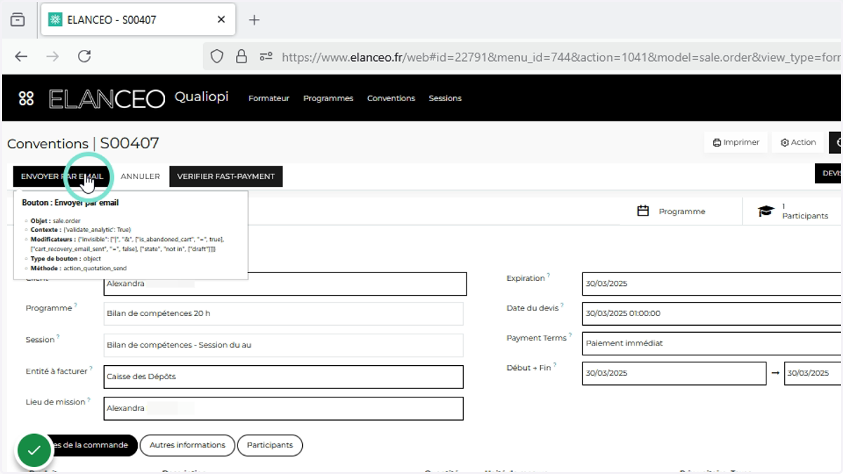 Cliquer sur "envoyer un email"