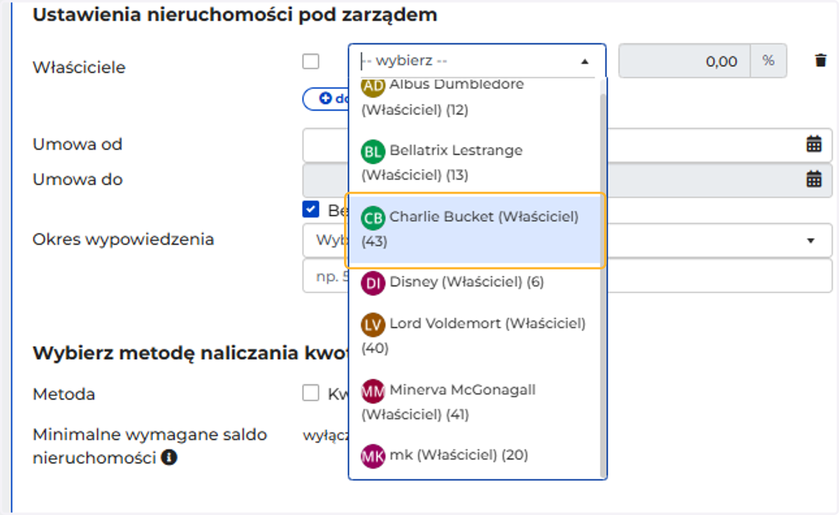 Wybierz właściciela z listy
