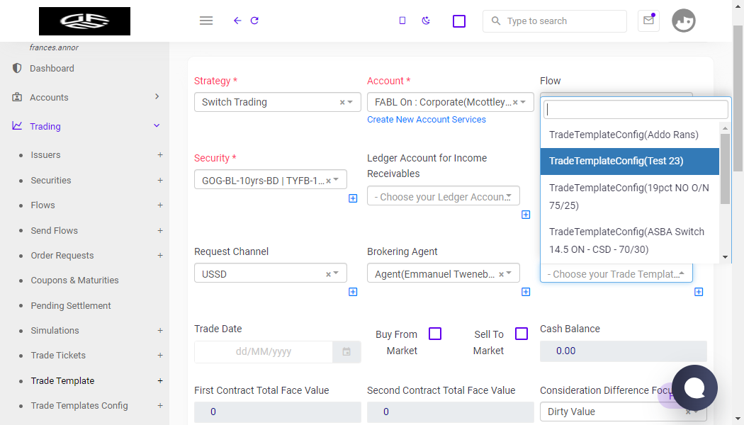 Click on TradeTemplateConfig(Test 23)