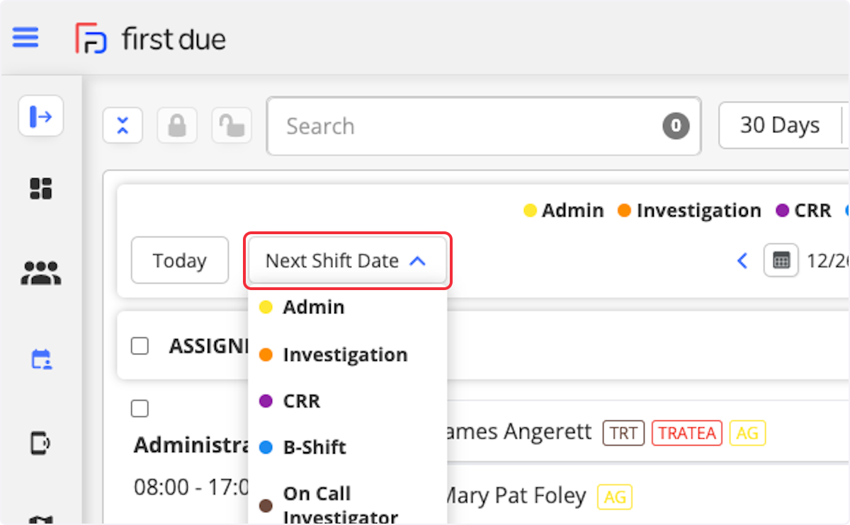 Clicking on next shift date allows you to jump to the next date that the rotation would be working.  
If you jump ahead a day (or go back) you will see the today button turn blue. This allows you to quickly return to today's date. 