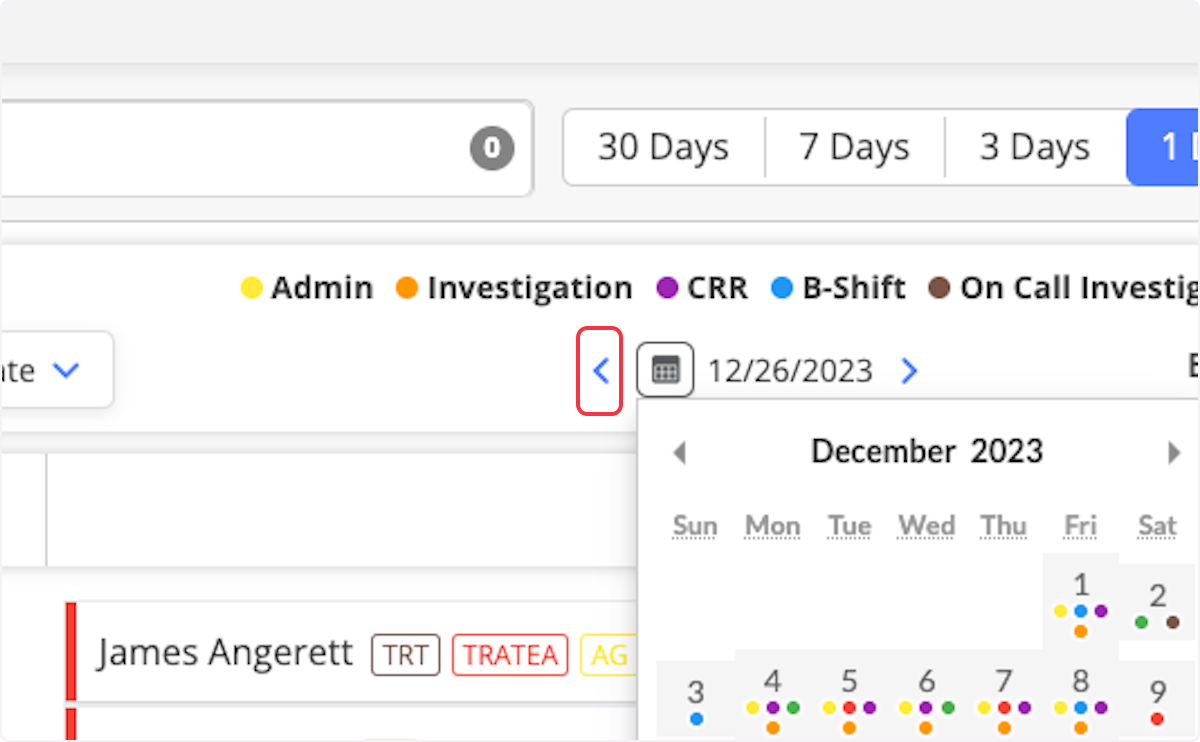 Clicking on the calendar allows you to jump ahead either days, months, or years. You can also use the blue arrows to go day by day without selecting the Calendar. 