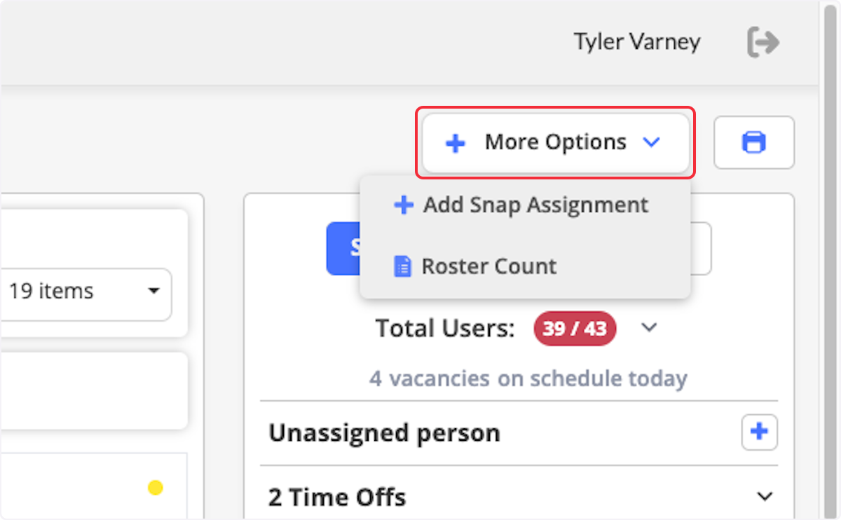 Clicking on More Options allows you to add a Snap Assignment or view the Roster Count. You can also click the print icon to generate a PDF view of the days shift board. 