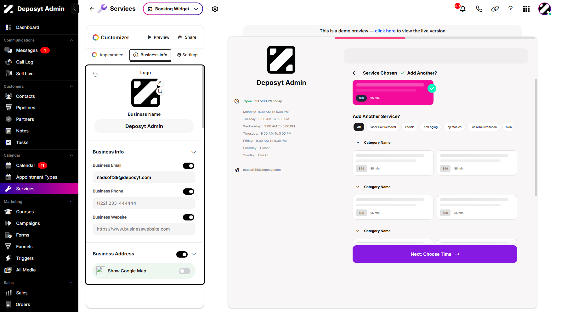 Step 9: From here, you can upload or update the logo, business email, phone number, website, and business address.