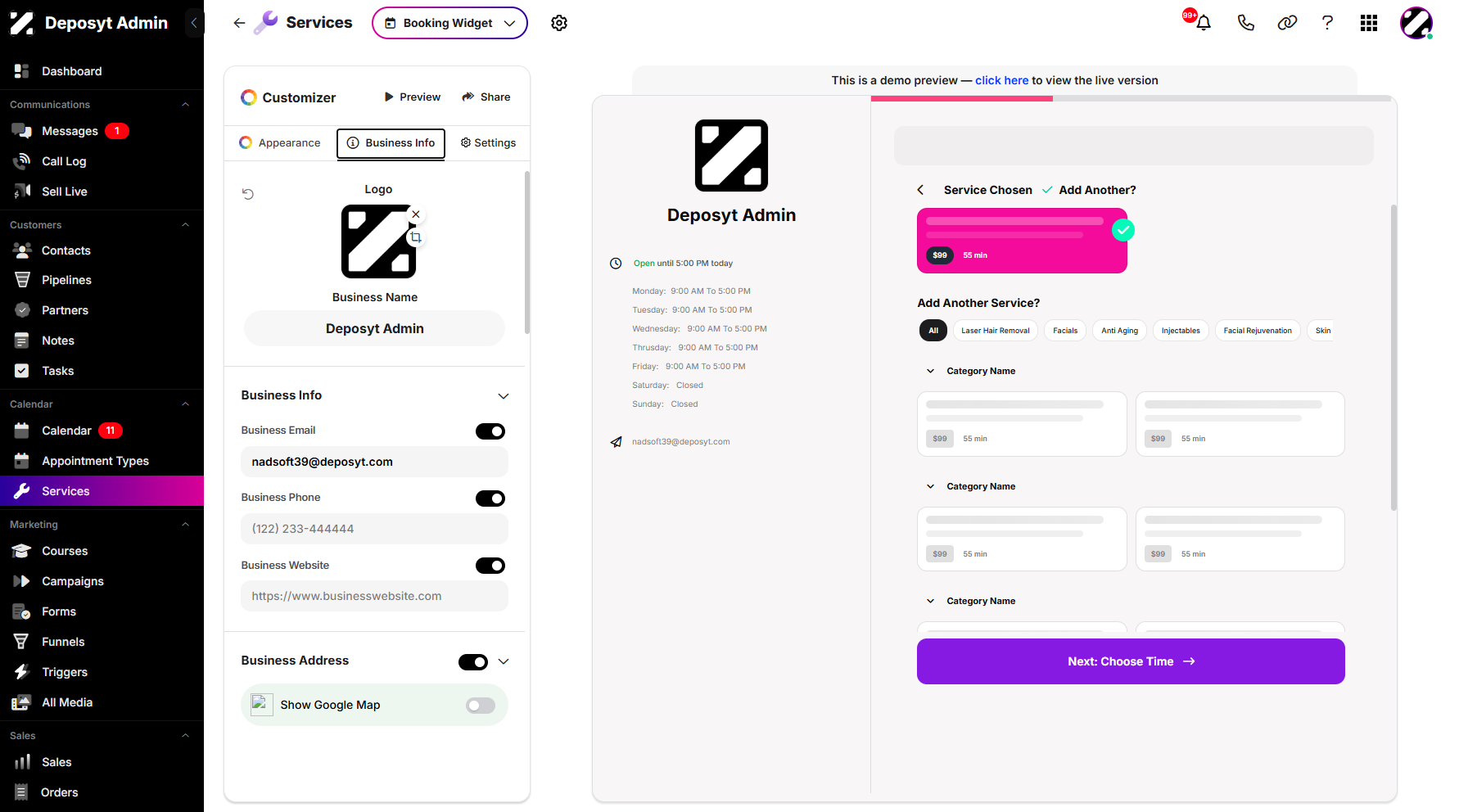 Step 8: You can now view the Business Info section within the Customizer.