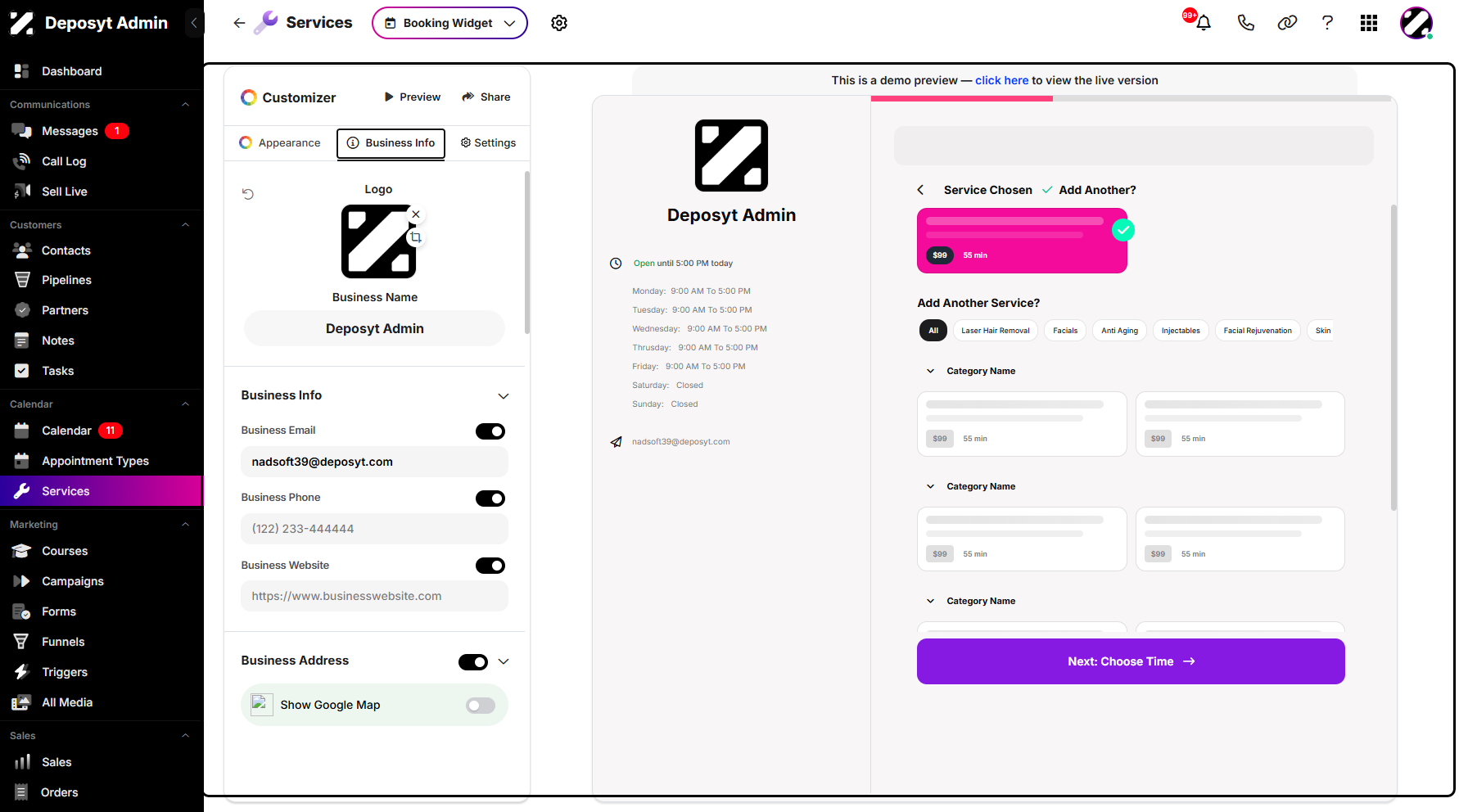 Step 8: You can now view the Business Info section within the Customizer.