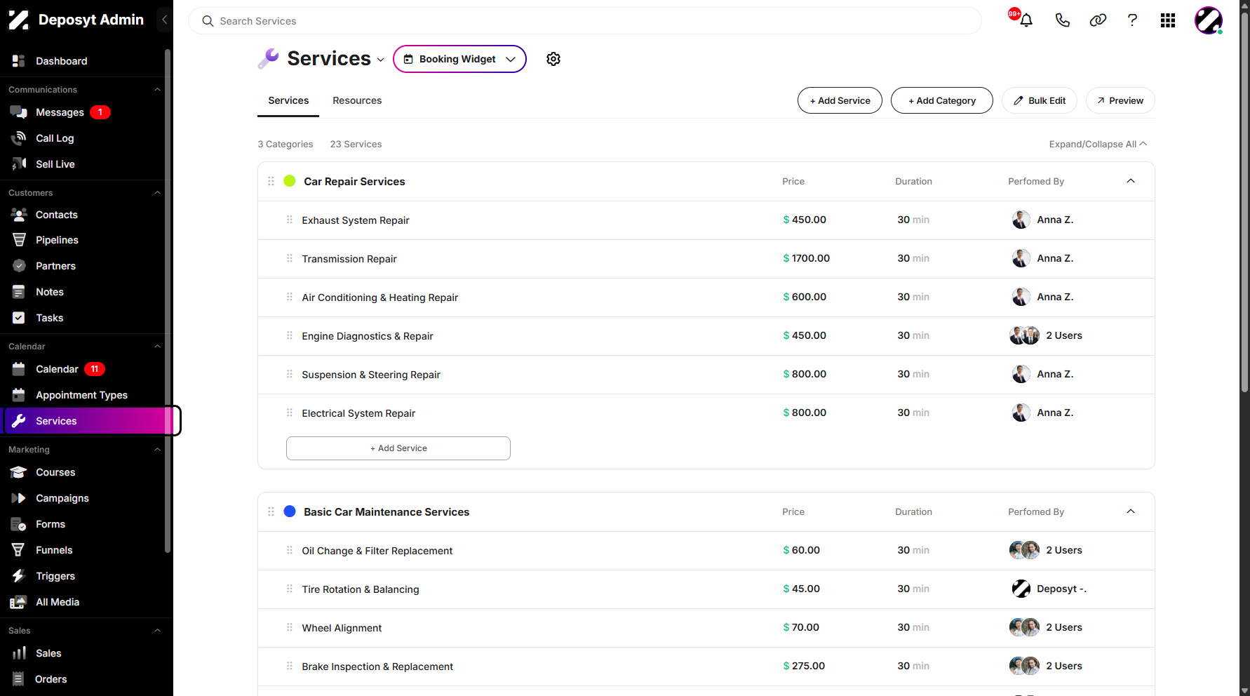 Step 1: On your Dashboard, navigate to the Services tab under the Calendar section.