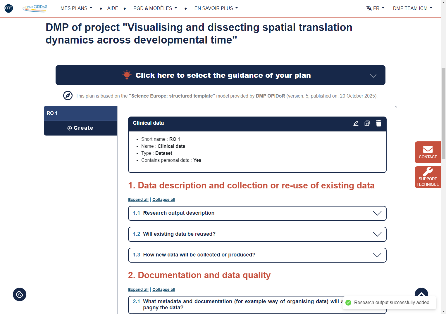 Click on Create to create more Research Output